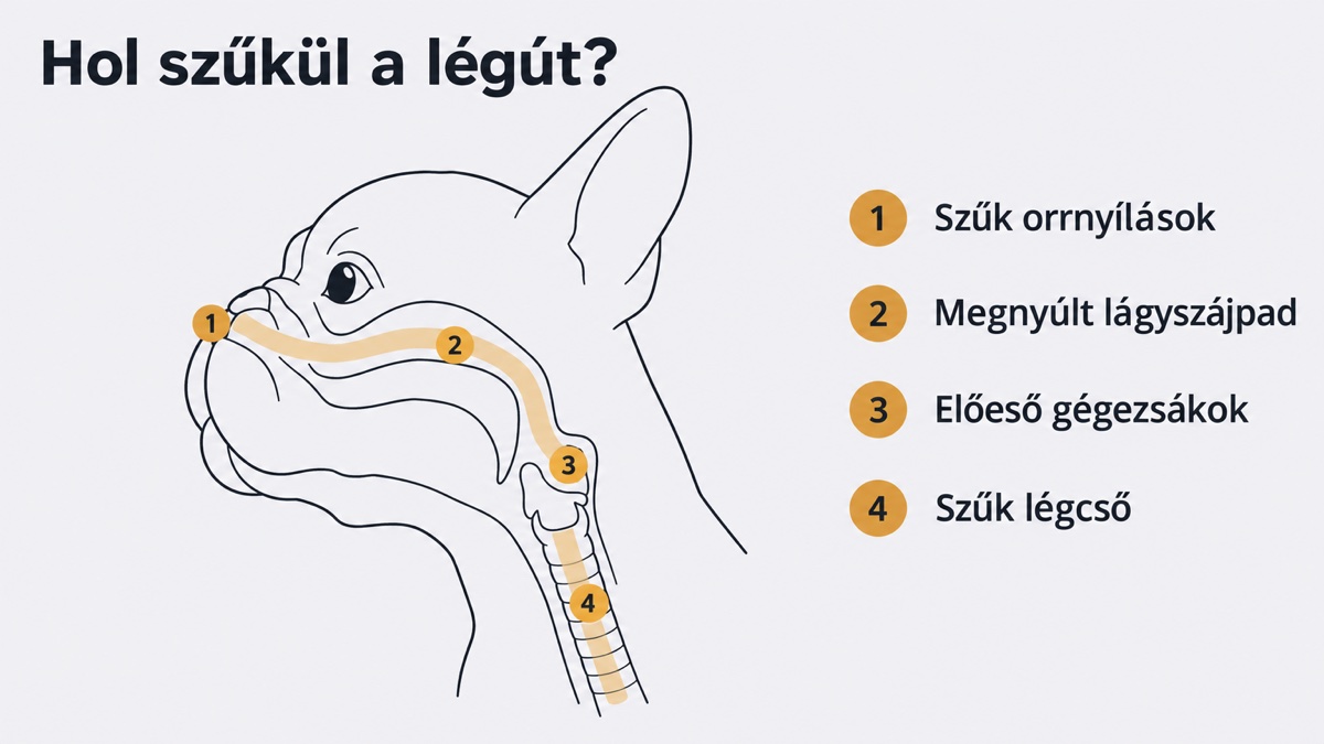 Sematikus ábra a francia bulldog légútjáról: szűk orrnyílások, megnyúlt lágyszájpad, előeső gégezsákok, szűk légcső