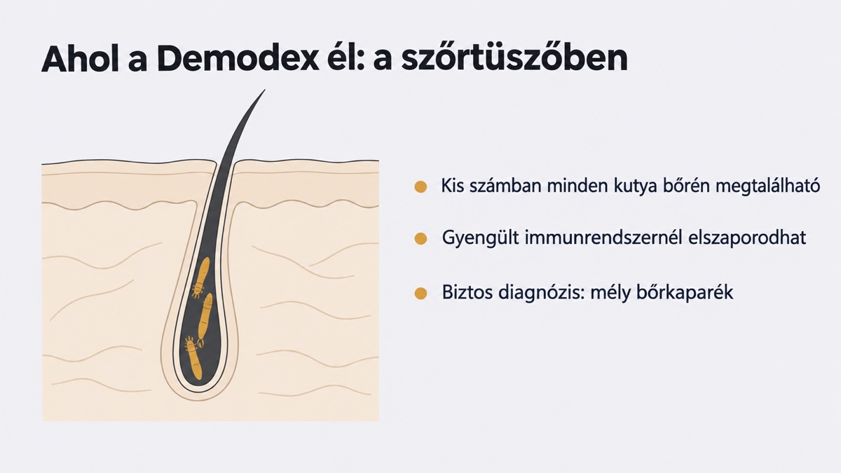 Sematikus bőrmetszet: a Demodex atka a kutya szőrtüszőjében él