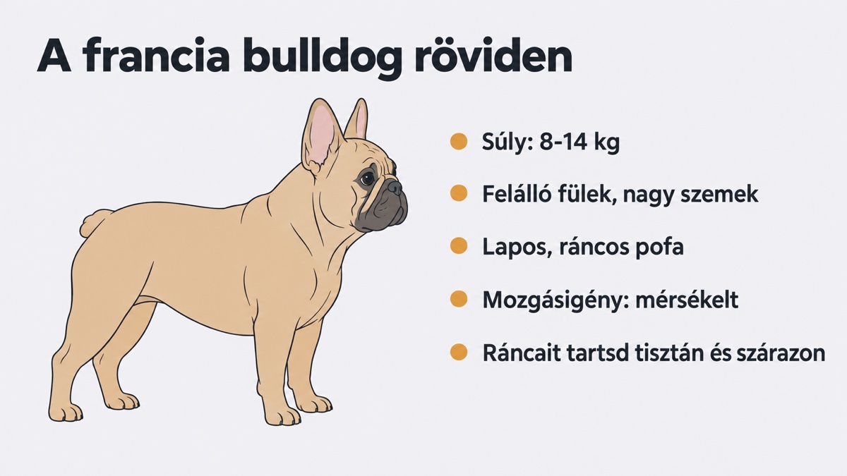 Francia bulldog adatlap: 8-14 kg, felálló fülek, lapos ráncos pofa, mérsékelt mozgásigény