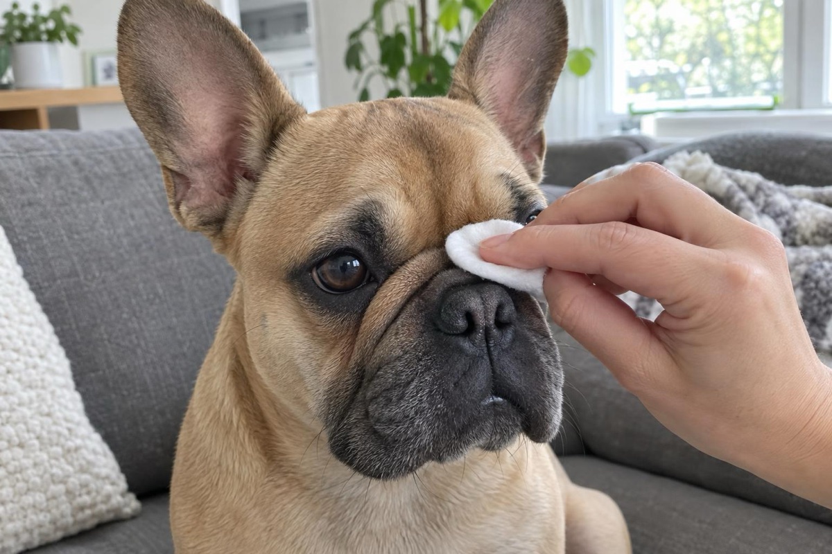 Gazdi vattakoronggal tisztítja a francia bulldog orr feletti bőrredőjét