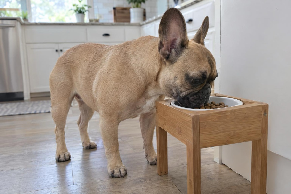Francia bulldog emelt tálból eszik a konyhában