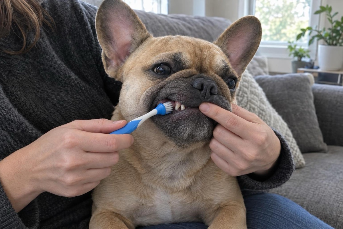Gazdi kutyafogkefével mossa a francia bulldog fogát otthon