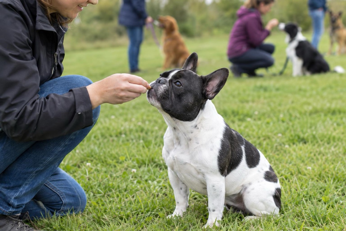 Francia bulldog a kutyaiskolában jutalomfalatot kap a gazdijától