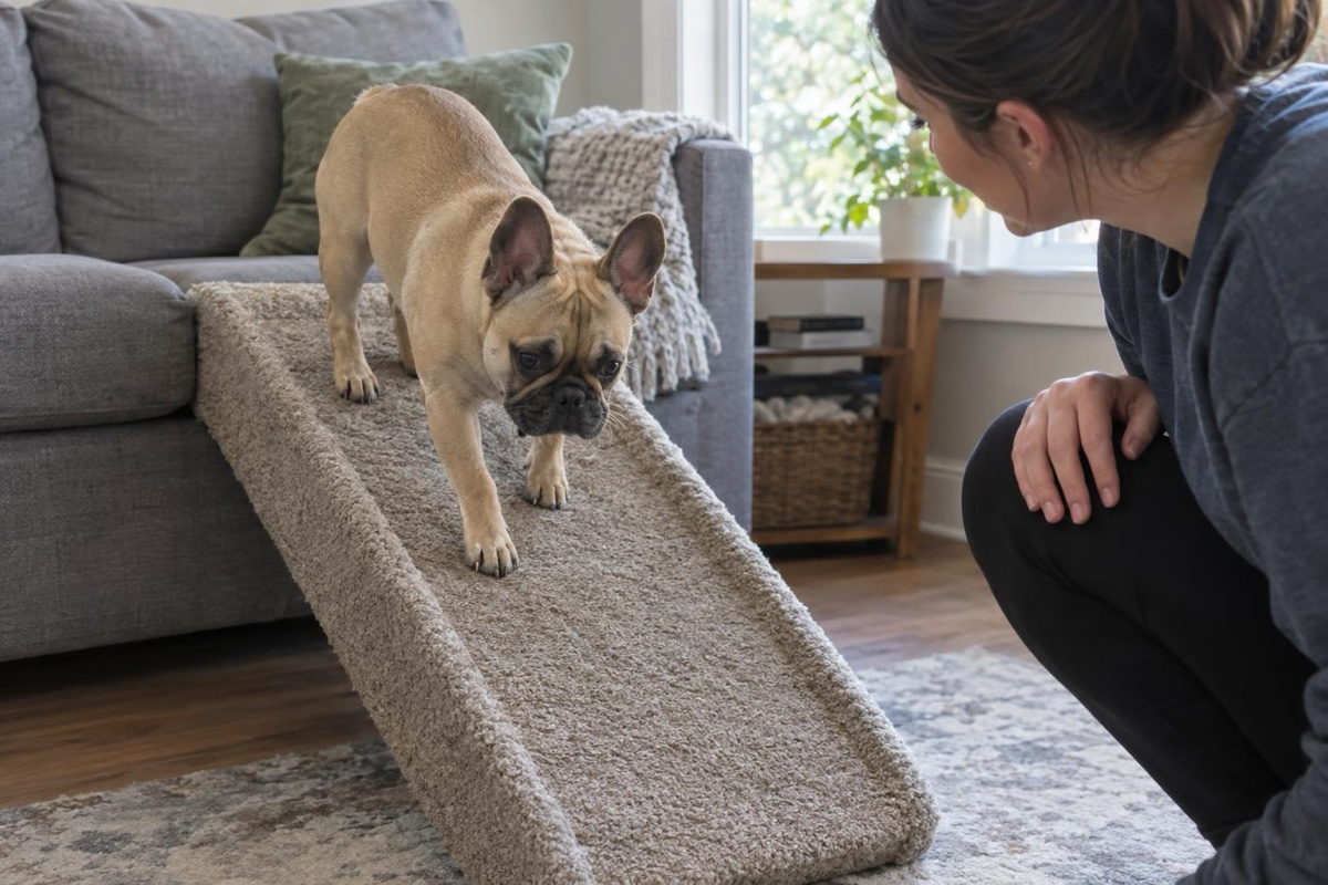 Francia bulldog rámpán sétál le a kanapéról, hogy ne kelljen leugrania