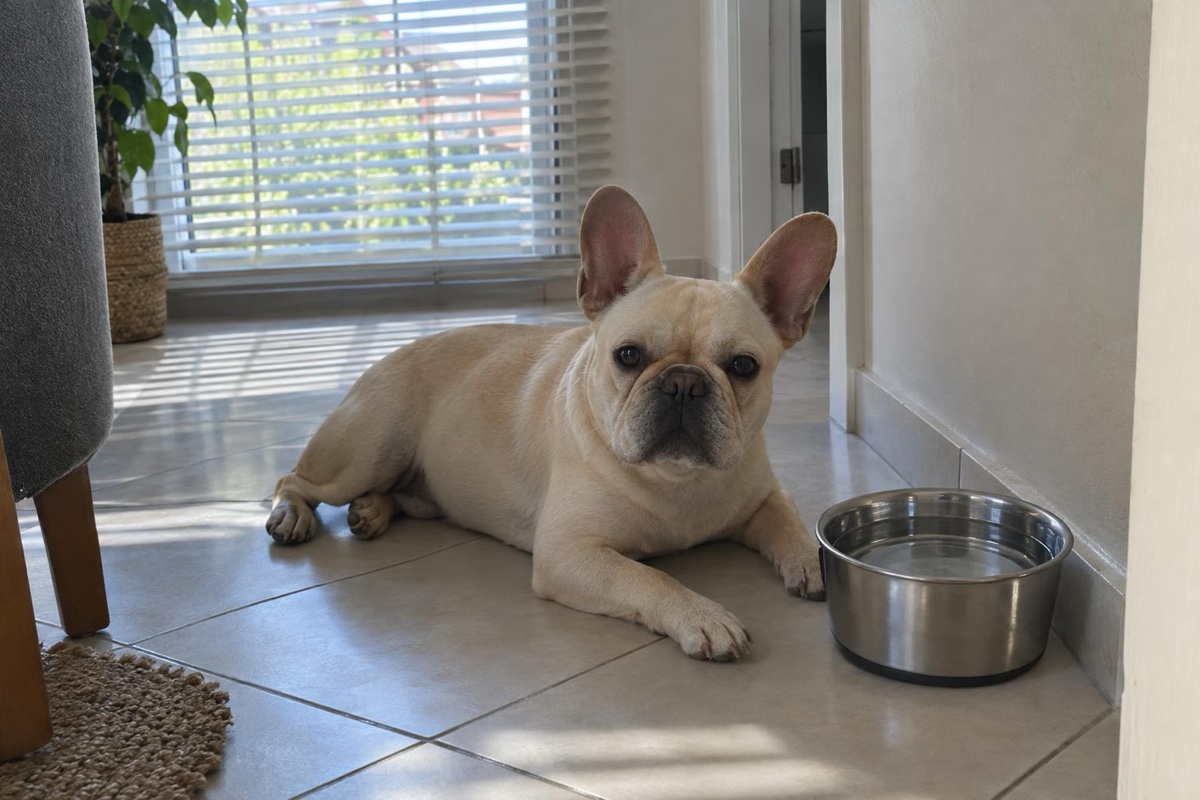 Francia bulldog nyáron hűvös, árnyékos helyen pihen, mellette friss víz