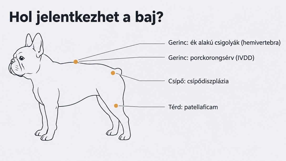 Francia bulldog körvonala a gerinc, a csípő és a térd jelölésével, az ortopédiai betegségek helyei
