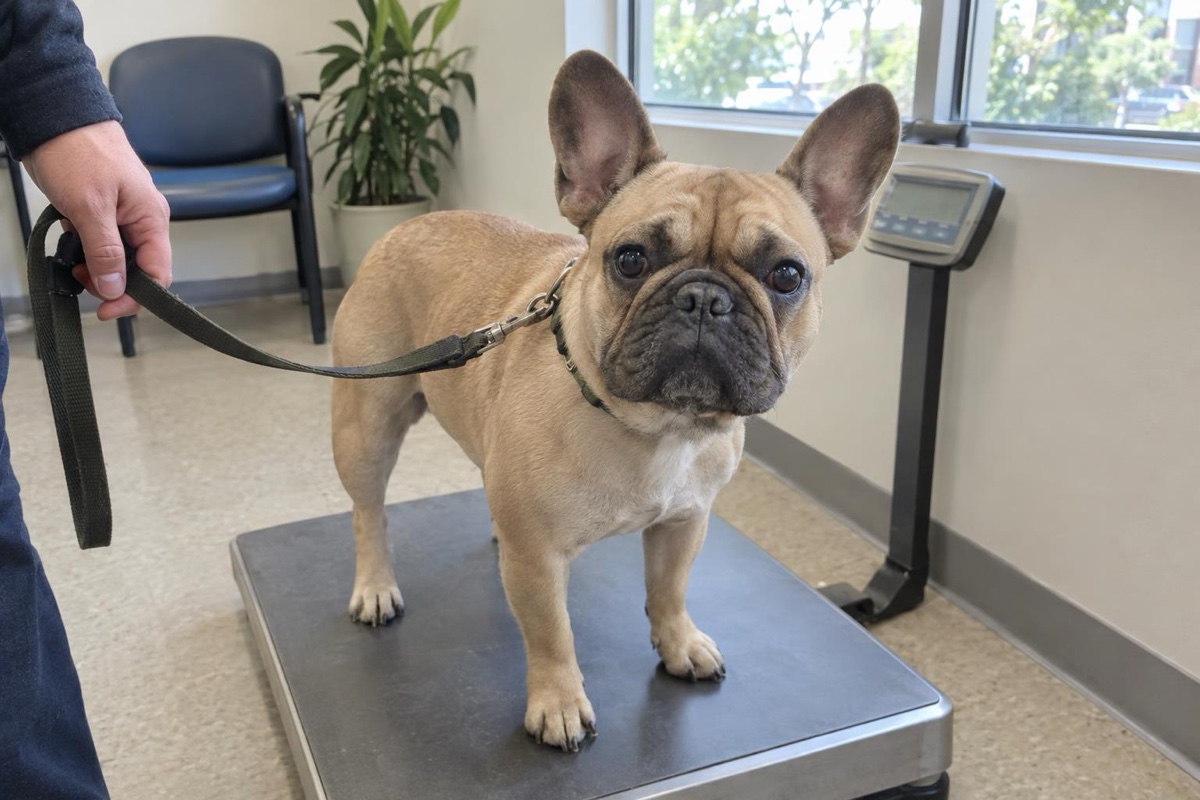 Francia bulldog áll az állatorvosi rendelő mérlegén testsúlymérés közben