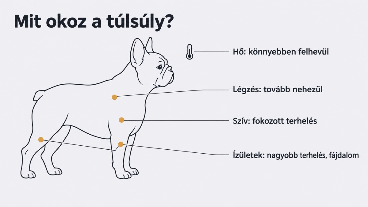 Francia bulldog körvonala, jelölve, mit terhel a túlsúly: ízületek, légzés, szív, hőleadás