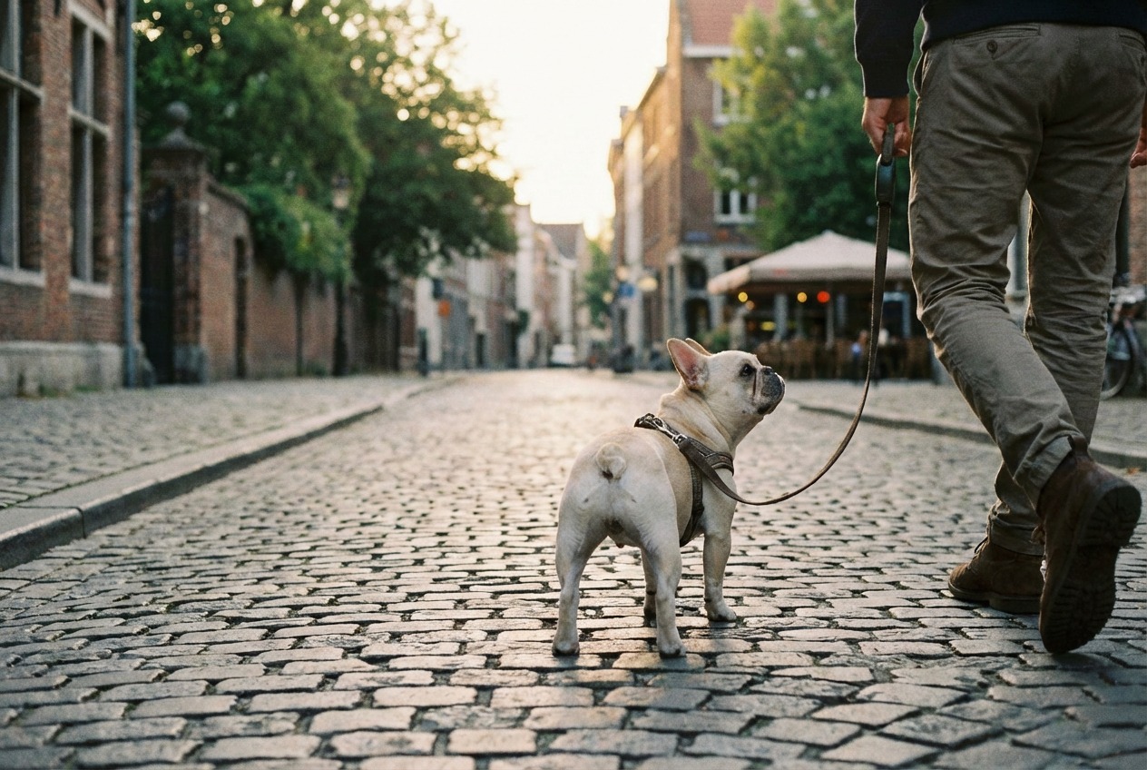 francia bulldog a városban séta közben a gazdival